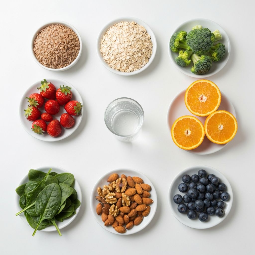 Variety of nutritious foods arranged on white surface