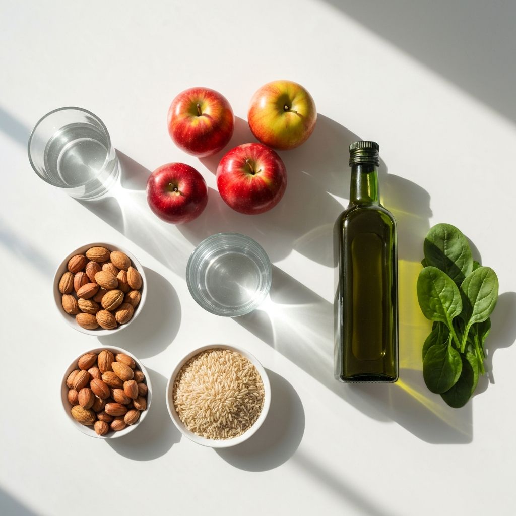 Variety of nutritious foods on white surface